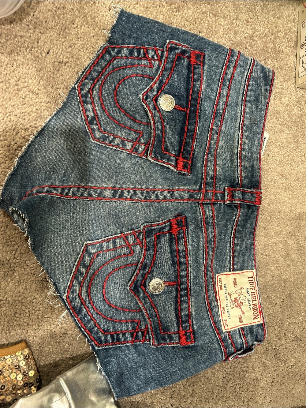 True Religion Denim Shorts with Red Stitching